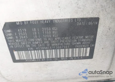 2015 Subaru Legacy 2.5I Premium z USA, uszkodzony, nr VIN 4S3BNAC61F3007501